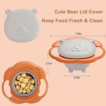 BPA Free Anti Spill 360 Rotate Gyro Bowl for Babies, Universal Kids Feeding Tableware (Gray/Orange), Small, Orange/Gray