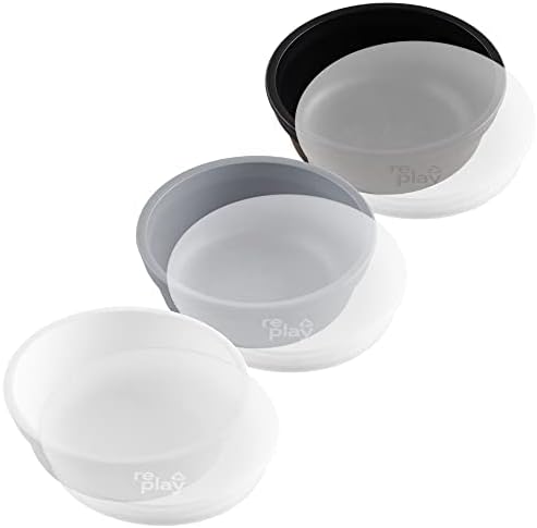 Re-Play Made in USA 12 Oz. Reusable Plastic Bowls, Pack of 3 With 3 Lids - Dishwasher and Microwave Safe Bowls with Lids for Everyday Dining - Toddler Bowl Set 5.75" x 5.75" x 2", Monochrome
