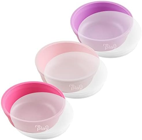 Re-Play Made in USA 12 Oz. Reusable Plastic Bowls, Pack of 3 With 3 Lids - Dishwasher and Microwave Safe Bowls with Lids for Everyday Dining - Toddler Bowl Set 5.75" x 5.75" x 2", Princess