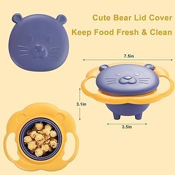 BPA Free Anti Spill 360 Rotate Gyro Bowl for Babies, Universal Kids Feeding Tableware (Yellow/Purple), Small