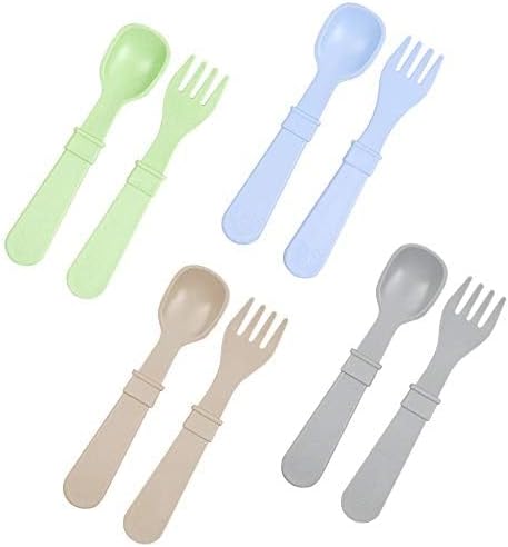 Re-Play Made in USA Toddler Forks and Spoons, Pack of 8 Without Carrying Case - 4 Kids Forks with Rounded Tips and 4 Deep Scoop Toddler Spoons - 0.2" Thick Toddler Utensils, Meadow