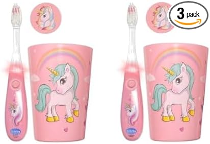 Lily's Home Kids Flashing Timer Toothbrush kids with Soft Bristles, Rising Cup & Cover - Fun 2-Min Light-Up Brushing for Children - Toddler Toothbrush Soft Toothbrush Kit (unicorn)- set of 2