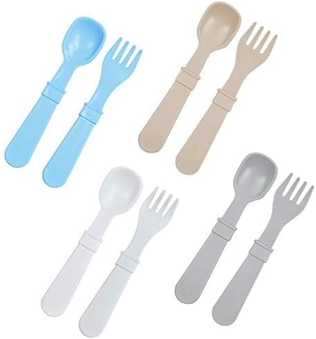 Re-Play Made in USA Toddler Forks and Spoons, Pack of 8 Without Carrying Case - 4 Kids Forks with Rounded Tips and 4 Deep Scoop Toddler Spoons - 0.2" Thick Toddler Utensils, Glacier