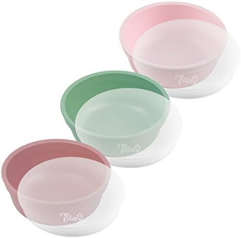 Re-Play Made in USA 12 Oz. Reusable Plastic Bowls, Pack of 3 With 3 Lids - Dishwasher and Microwave Safe Bowls with Lids for Everyday Dining - Toddler Bowl Set 5.75" x 5.75" x 2", Desert Roses