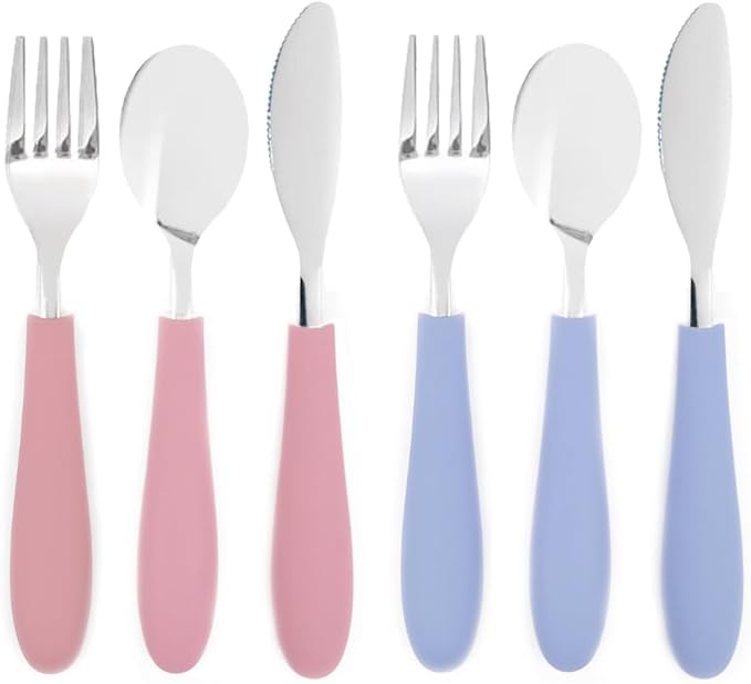 Elk and Friends Kids Silverware with Silicone Handle | Childrens Safe Flatware | Kids Utensils | Spoon + Fork + Knife set | 4 years+ | 6 Pieces