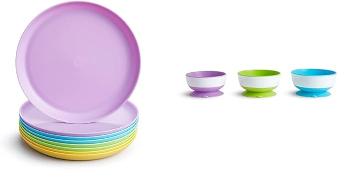 Munchkin® Multi™ Baby and Toddler Plates, 8 Pack & Stay Put™ Suction Bowls for Babies and Toddlers, 3 Pack, Blue/Green/Purple