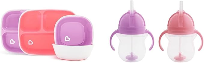 Munchkin® Splash™ 4 Piece Toddler Divided Plate and Bowl Dining Set, Pink/Purple & Any Angle™ Weighted Straw Trainer Cup with Click Lock™ Lid, 7 Ounce, 2 Pack, Pink/Purple