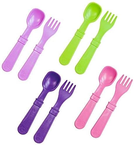 Re-Play Made in USA Toddler Forks and Spoons, Pack of 8 Without Carrying Case - 4 Kids Forks with Rounded Tips and 4 Deep Scoop Toddler Spoons - 0.2" Thick Toddler Utensils, Butterfly