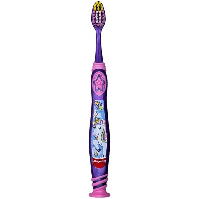Colgate Kids Unicorn Toothbrush with Suction Cup for Children 5+ Years Old, Extra Soft (Colors Vary) - Pack of 4