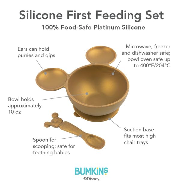 Bumkins Disney Baby Bowl, Silicone Feeding Set with Suction for Baby and Toddler, Includes Spoon, First Feeding Set, Essentials for Baby Led Weaning for Babies Eating 4 Months Up, Minnie Mouse Gold