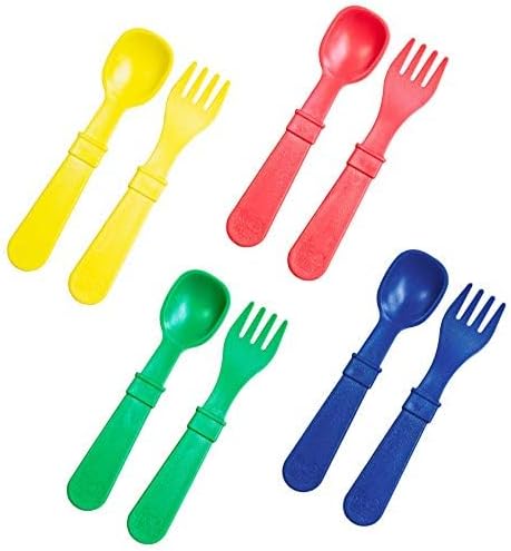 Re-Play Made in USA Toddler Forks and Spoons, Pack of 8 Without Carrying Case - 4 Kids Forks with Rounded Tips and 4 Deep Scoop Toddler Spoons - 0.2" Thick Toddler Utensils, Primary