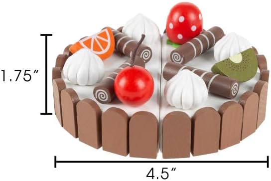 Hey! Play! Birthday Cake-Kids Wooden Magnetic Dessert with Cutting Knife, Fruit Toppings, Chocolate and Vanilla Swirls-Fun Pretend Play Party Food