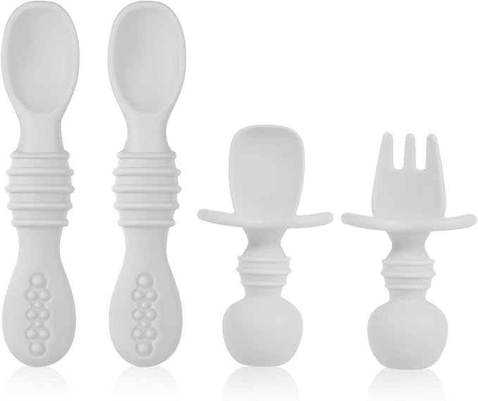 4pcs Silicone Baby Spoons Self Feeding 6+ Months, BPA Free Baby Led Weaning Spoons Training Spoon Toddler Self Feeding Utensils for 6-12 Months Babies (Grey)
