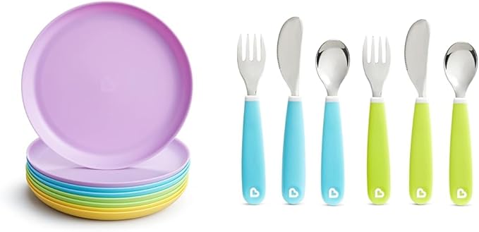 Munchkin® Multi™ Baby and Toddler Plates, 8 Pack & Splash™ Toddler Fork, Knife and Spoon Utensil Set, 6 Pack, Blue/Green