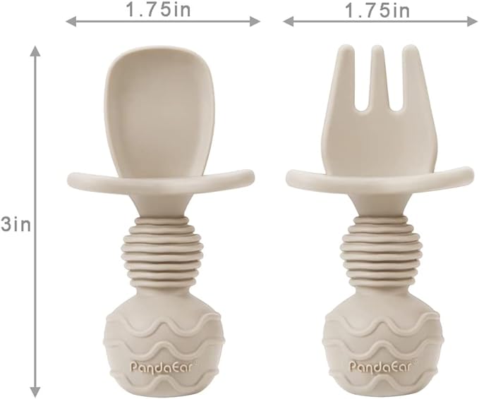 PandaEar Silicone Baby Feeding Set| 2 Pack Silicone Divided Suction Plate and 2 Pack Tiny Cup with 2 Spoons 2 Forks| Baby Led Weaning Supplies Self Feeding Eating Utensils (Light Tan/Walnut)