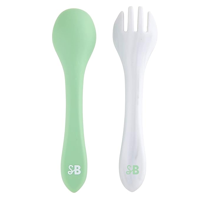 Stephan Baby Silicone Spoon + Fork Set, Pea-ce