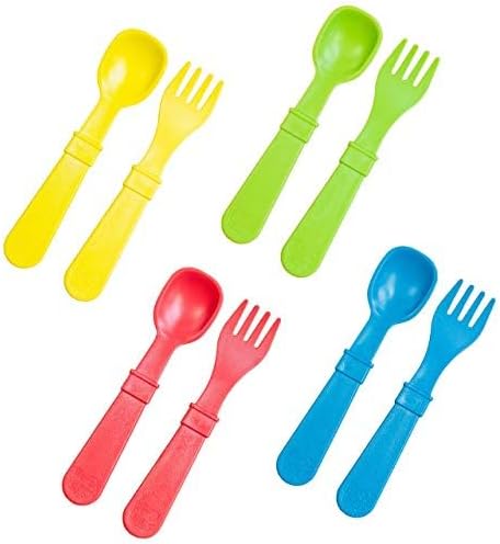 Re-Play Made in USA Toddler Forks and Spoons, Pack of 8 Without Carrying Case - 4 Kids Forks with Rounded Tips and 4 Deep Scoop Toddler Spoons - 0.2" Thick Toddler Utensils, Preschool