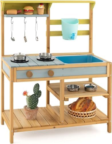 HONEY JOY Mud Kitchen, Fir Wood Outdoor Play Kitchen for Toddlers, Removable Sink, Real Water Tank with Faucet, Utensils, Pretend Play Mud Kitchen for Kids Outdoor, Gift for Boys Girls, Natural