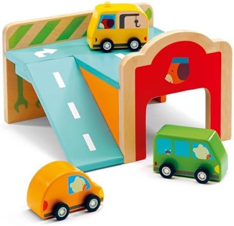 DJECO Early Learning Mini Garage - Cute Vehicle Toys for Toddlers - Fun & Creative Activity for Family & Friends - Wooden Automobile Set for Children 18+ Months Girls & Boys