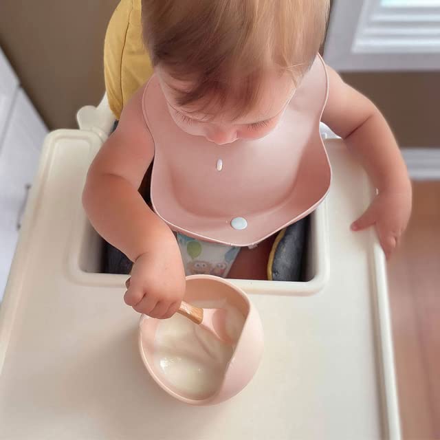 Ginbear Baby Bowls with Suction, Silicone Bibs, Baby Spoons, Baby Led Weaning Supplies, Toddler Feeding Set for Ages 6 Months+ (Almond)
