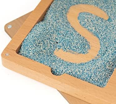Montessori Sand Tray for Kids 3 4 5 6 Years Old Sand Writing Tray Learning Sensory Toy Educational Alphabet and Phonic Words Comes with Sand, Tray, Lid, 2 Sets of Flashcards, Stylus (Dark Blue)