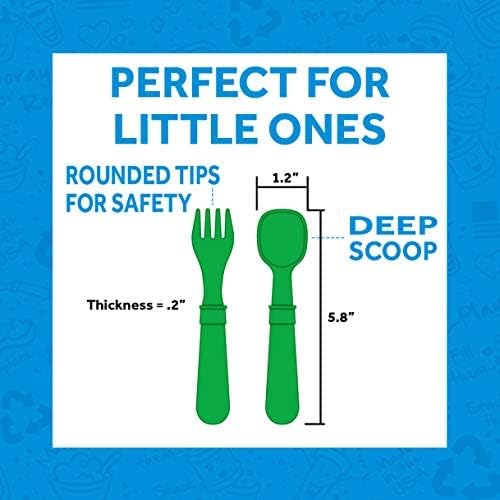 Re-Play Made in USA Toddler Forks and Spoons, Pack of 8 Without Carrying Case - 4 Kids Forks with Rounded Tips and 4 Deep Scoop Toddler Spoons - 0.2" Thick Toddler Utensils, Monochrome