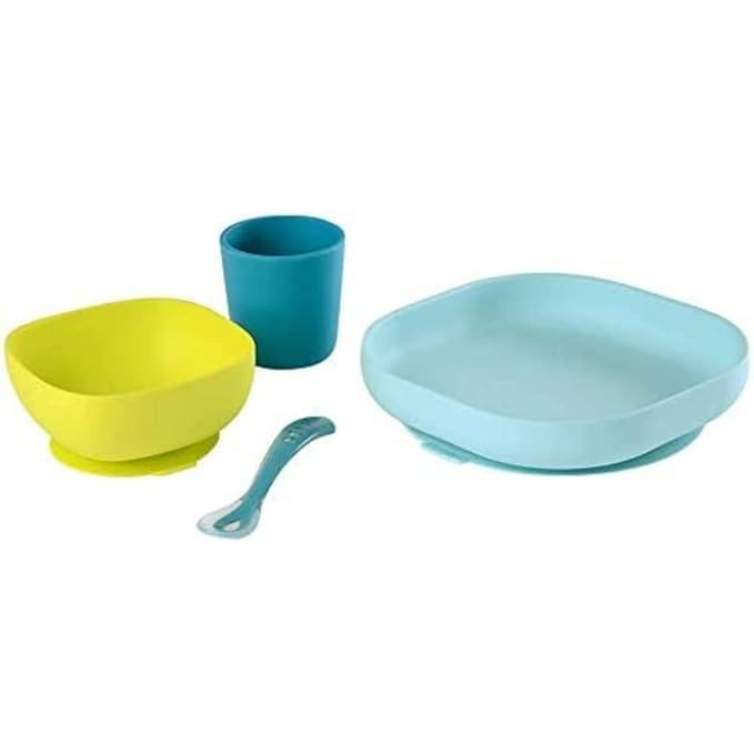 BEABA Silicone 4 Piece Baby Feeding Set, Suction Plates for Baby, Includes Plate, Bowl, Cup, 2nd Stage Silicone Spoon, High Grade Food Safe Silicone, Peacock