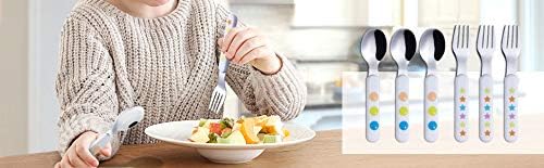 EXZACT Kids Flatware 6pcs Stainless Steel 18/10 Toddler Utensils Flatware- 3 x Forks, 3 x Spoons- BPA Free, Dishwasher Safe - 12 M+ - Stars & Dots