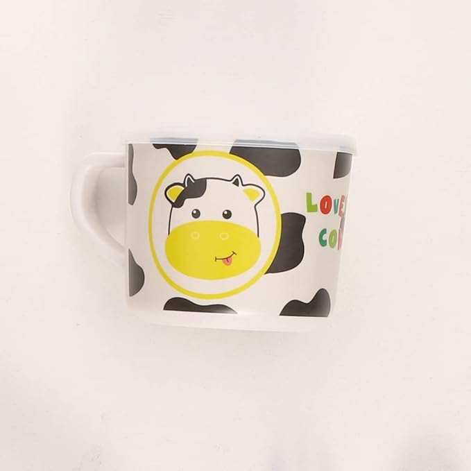 Kids Dinnerware Set Bamboo 5 Pcs with Plate Bowl Cup Fork Spoon (Cow)