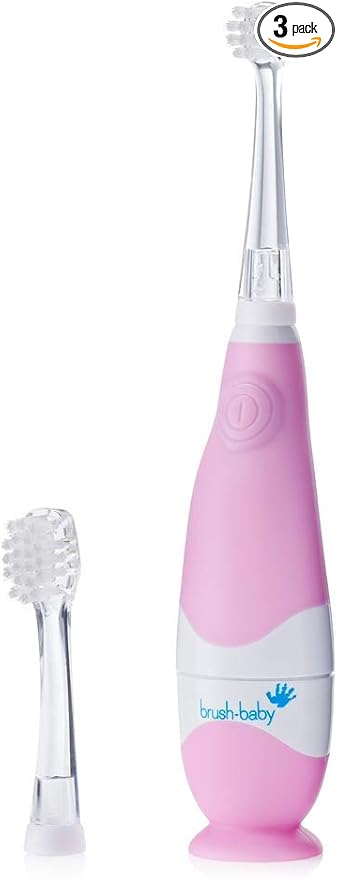brush-baby BabySonic Infant and Toddler Electric Toothbrush for Ages 0-3 Years - Smart LED Timer and Gentle Vibration Provide a Fun Brushing Experience - Includes 2 Sensitive Brush Heads (Pink)