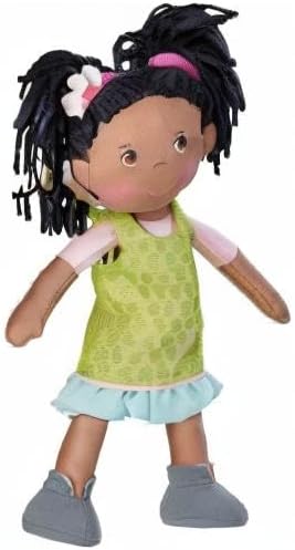 HABA Cari 12" Soft Doll - Machine Washable with Green Dress, Embroidered Face, Brown Eyes and Black Pigtails