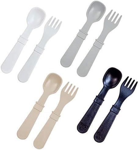 Re-Play Made in USA Toddler Forks and Spoons, Pack of 8 Without Carrying Case - 4 Kids Forks with Rounded Tips and 4 Deep Scoop Toddler Spoons - 0.2" Thick Toddler Utensils, Monochrome