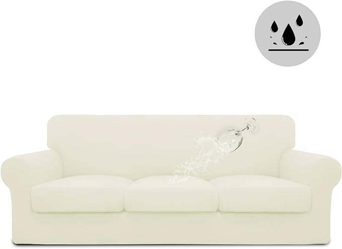 Easy-Going 100% Dual Waterproof Oversized Cover Stretch Soft Couch Cover for Dogs, Sofa Slipcover for 3 Separate Cushion Couch Leakproof Furniture Protector for Kids, Pets Ivory