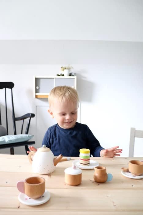 Small Foot Wooden Toys-Premium 17 Piece Toy Tea Playset- Deluxe Play Pretend Food Set Includes Tea Pot, Cookies, Plates and Teacup-Ideal for Toddlers 3+