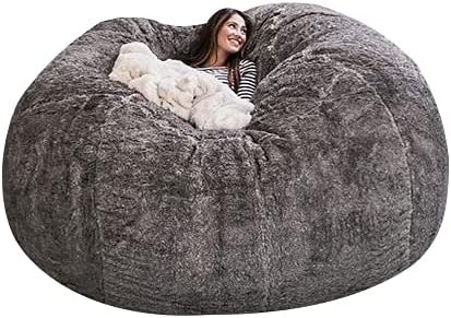 Giant Fur Bean Bag Cover (Cover only, no Filler) Living Room Furniture Big Round Soft and Fluffy Artificial Fur Bean Bag Lazy Sofa Bed Cover (7FT+New Light Gray)