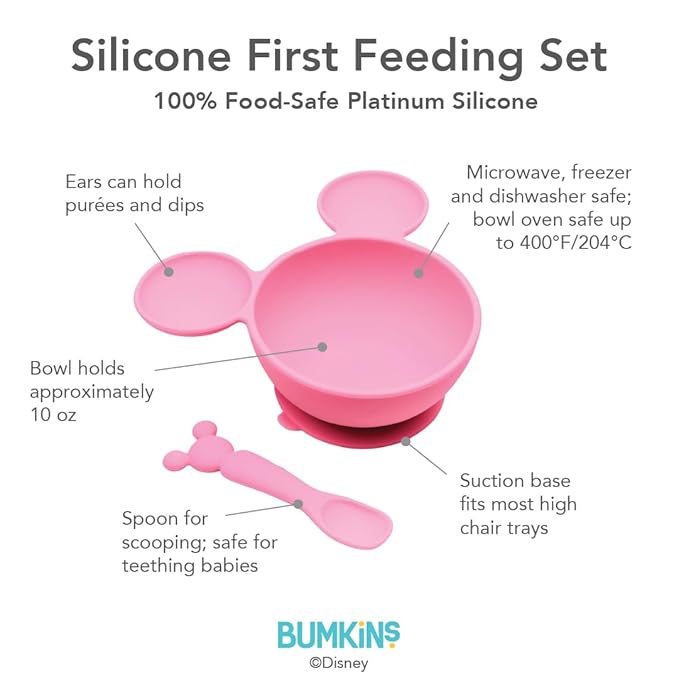Bumkins Baby Bowls, Disney Minnie Mouse Silicone Baby Feeding Set, Suction Bowls for Baby and Toddler with Spoon, First Feeding Set, Platinum Silicone Bowl for Babies 4 Months