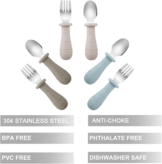PandaEar Toddler Utensils, 6 Pack Kids Spoons and Forks, 18/8 Stainless Steel & Food Grade Silicone Children Silverware Set, Dishwasher Safe (Light Tan/Walnut/Blue)