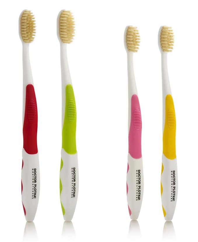 MOUTHWATCHERS Soft Manual Toothbrushes, Family Pack, 2 Adult, 2 Childrens Flossing Toothbrushes, Ultra Clean, Good for Sensitive Teeth and Gums, by Dr. Plotka's