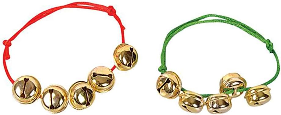 The Dreidel Company Christmas Jingle Bells Bracelet, Green & Red Bands with Hanging Jingle Ball Bells (12-Pack)