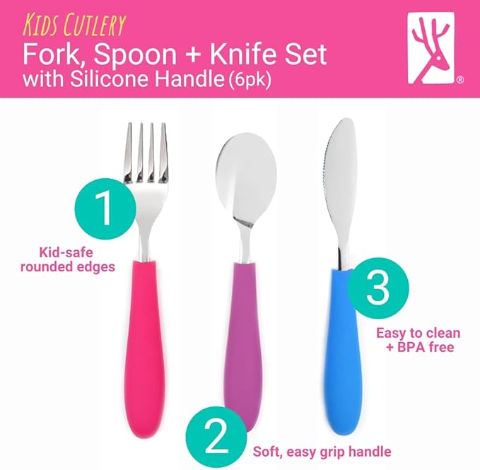 Elk and Friends Kids Silverware with Silicone Handle | Childrens Safe Flatware | Kids Utensils | Spoon + Fork + Knife set | 4 years+ | 6 Pieces