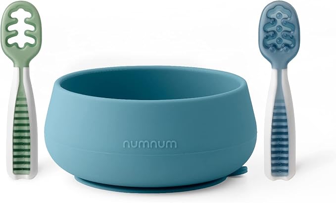 NumNum Suction Bowl + Pre-Spoon GOOtensils Self Feeding Set for Babies & Toddlers | Baby Spoon Set (Stage 1+ 2) | 100% Food Grade Silicone BPA-Free | Strong Suction | 4 months+ (Blue/Glacier Green)