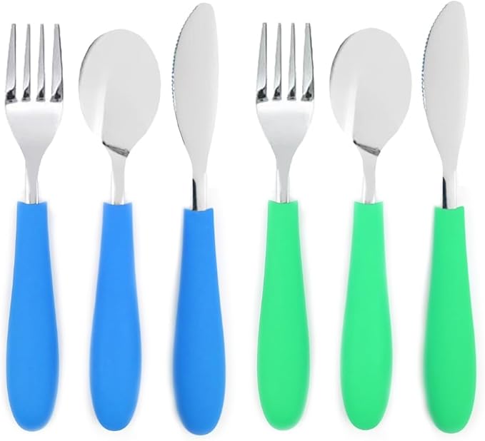 Elk and Friends Kids Silverware with Silicone Handle | Childrens Safe Flatware | Kids Utensils | Spoon + Fork + Knife set | 4 years+ | 6 Pieces