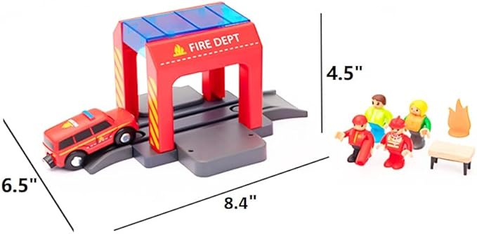 Wooden Train Track Expansion Pack, Train Accessories of City Fire Station Compatible for All Major Brands Train Set, Train Toys Railway System for Kids Ages 3 and Up.