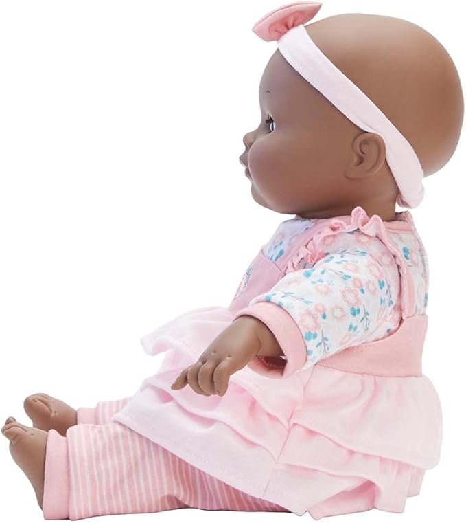 Madame Alexander 14-Inch Baby Cuddles Doll with Bottle, Pink Floral, Dark Skin Tone
