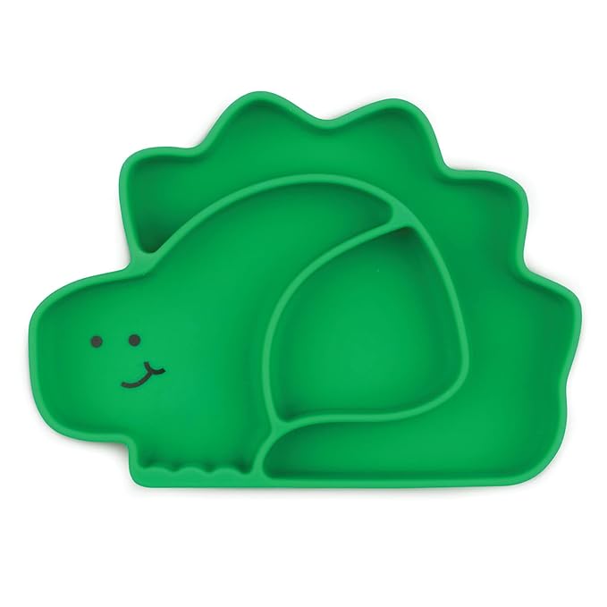 Bumkins Toddler and Baby Suction Plate, Silicone Divided Grip Dish, Babies and Kids, Baby Led Weaning, Children Feeding Supplies, Non Skid Sticky Bottom, Platinum Silicone, Ages 6 Months Up, Dinosaur