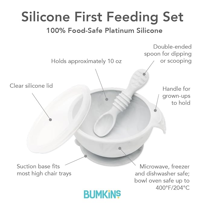 Bumkins Baby Bowl, Silicone Baby Feeding Set with Suction for Baby and Toddler, Includes Spoon and Lid, First Feeding Set, Essential for Baby Led Weaning for Babies 4 Months, Marble