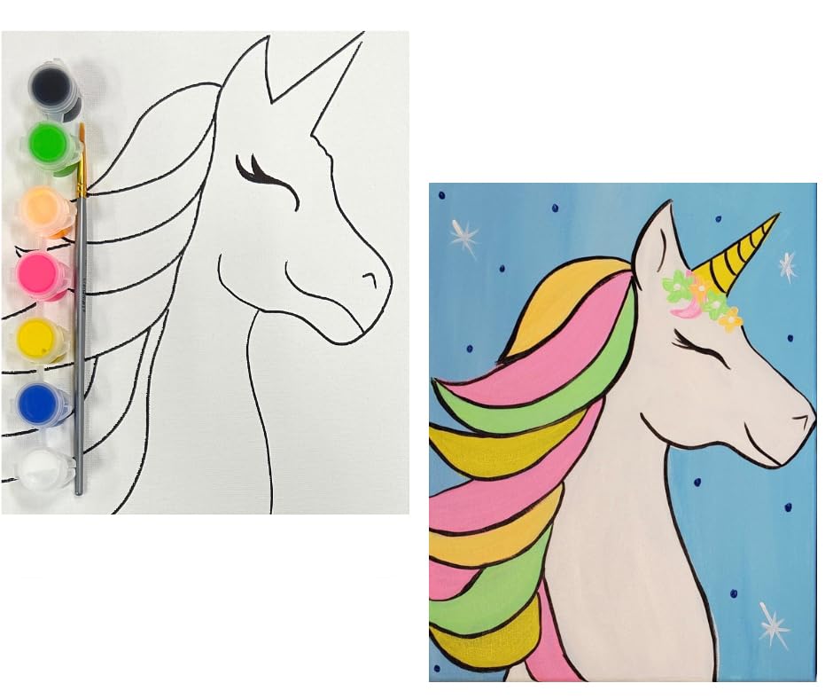 Paint Your Own Pre-Drawn Canvas Kit for Kids, Unicorn Theme, DIY Paint Party Kit - Paint Brush & Color Mixing Chart - Handmade & Stenciled (8" x 10")