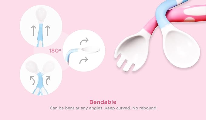 Bendable Baby and Toddler forks and spoons Utensils Silverware Set for Kids, 2 Sets Blue/Pink – Gum Friendly 2 Toddler Spoons and 2 Forks Self Feeding and Infant Baby Training and toddler silverware