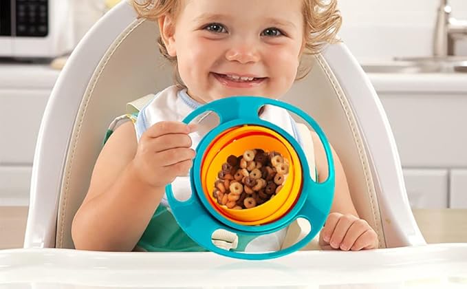 BPA Free Anti Spill 360 Rotate Gyro Bowl for Babies, Universal Kids Feeding Tableware (Gray/Orange), Small, Orange/Gray