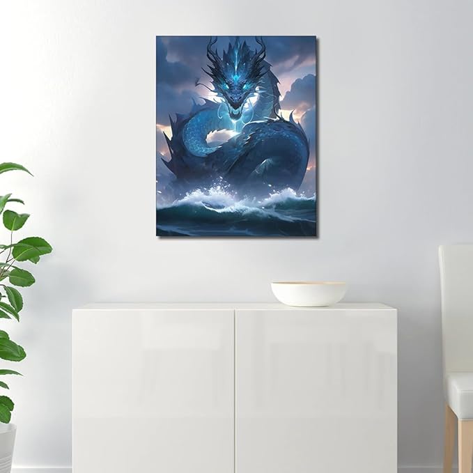 Rebotipy Water Dragon Paint by Numbers Kit for Adults, Fantasy Dragon with Glowing Eyes DIY Adult Paint by Numbers, Blue Fantasy Dragon Paint by Numbers Kit for Adults Beginner 16x20 Inch Frameless